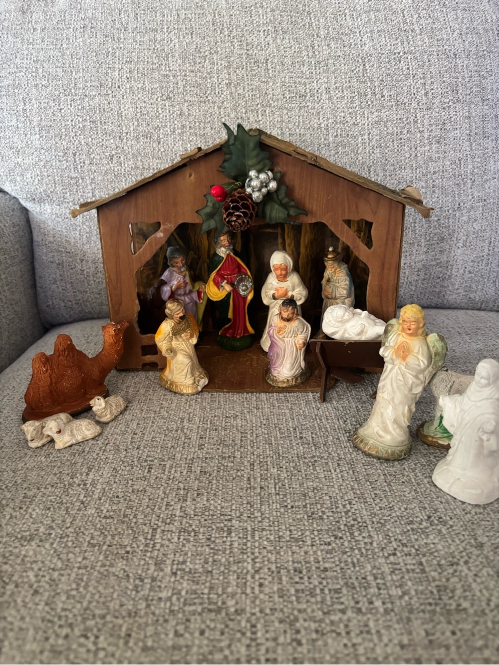 Vintage Nativity wooden Set with Painted Figurines - Multi-Color